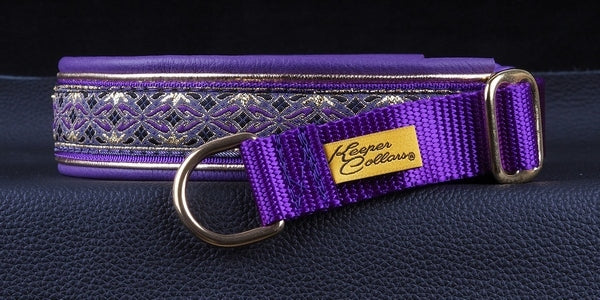1 Inch Double Leather Collar Gold and Purple Diamonds on Purple Web with Metalic Gold and Purple Leather and Brass Hardware