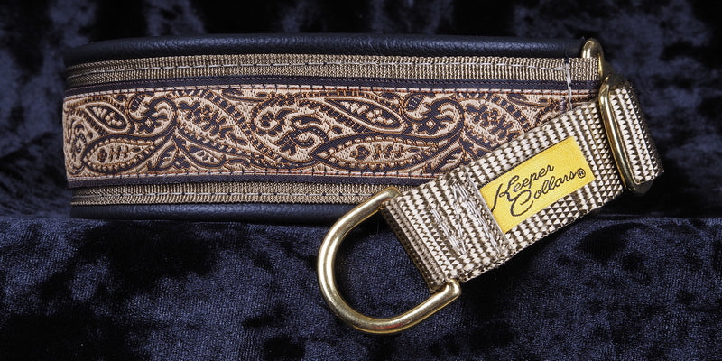 1 1/2 Inch Collar Black, Tan and Brown Paisley on Coyote Web with Black Leather and Brass Hardware Keeper Collars