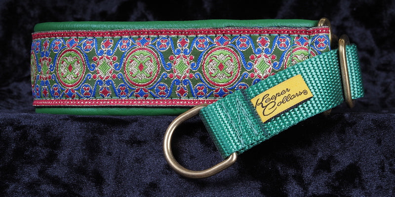 1 1/2 Inch Collar Gold, Blue, and Green China Infusion on Black Web with Green Leather and a Green Tug and Brass Hardware Keeper Collars
