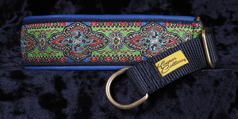 1 1/2 Inch Collar Gold and Green Fire Flowers on Black Web with Blue Leather and Brass Hardware Keeper Collars