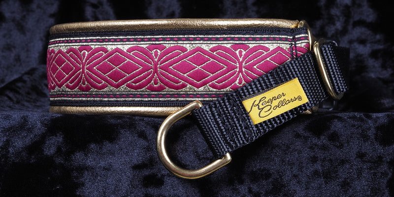 1 1/2 Inch Collar Large Gold and Burgundy Diamonds on Black Web with Metallic Gold Leather and Brass Hardware Keeper Collars