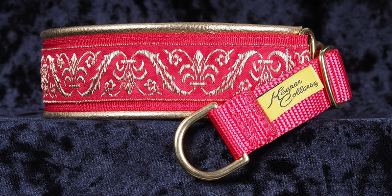 1 1/2 Inch Collar Gold Baroque on Red on Red Web with Metallic Gold Leather and Brass Hardware Keeper Collars