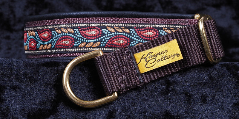 1 Inch Collar Flame Leaves on Brown Web with Black Leather and Brass Hardware Keeper Collars