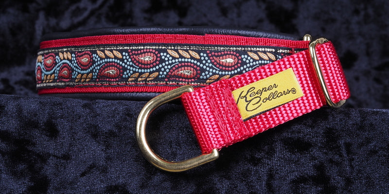1 Inch Collar Flame Leaves on Red Web with Black Leather and Brass Hardware