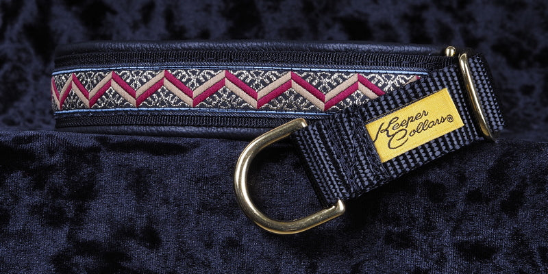 1 Inch Collar Gold, Tan and Burgundy Rickrack on Black Web with Black Leather and Brass Hardware