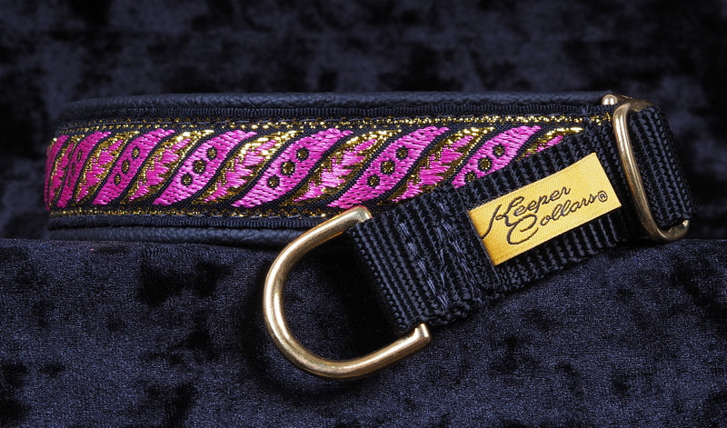 1 Inch Collar Gold and Pink Fern on Black Web with Black Leather and Brass Hardware Keeper Collars