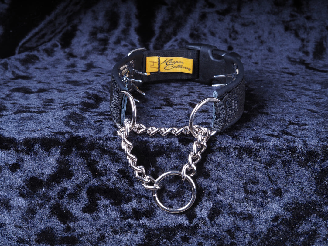 1 Inch Keep-Easy Collar Black Web with Black Leather and Chrome Hardware