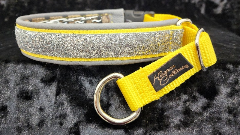 "Singleton" 15"  1 Inch Hidden Prong Silver Sparkle with Yellow Web on Gray Leather and Chrome Hardware