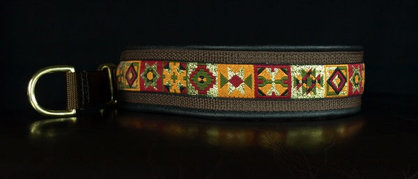 1 1/2 Inch Collar Gold Quilt Squares on Brown Web with Black Leather and Brass Hardware Keeper Collars