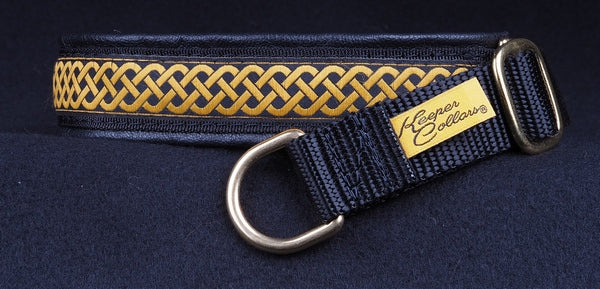 1 Inch Collar Antique Gold Celtic Knot on Black Web with Black Leather and Brass Hardware Keeper Collars