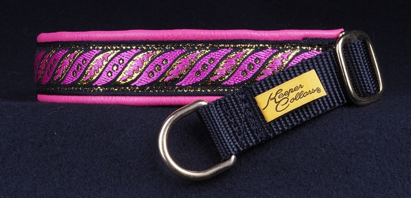 1 Inch Collar Gold and Pink Fern on Black Web with Dk. Pink Leather and Brass Hardware