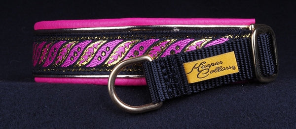 1 Inch Double Leather Collar Gold and Pink Fern on Black Web with Metallic Gold and Dk. Pink Leather and Brass Hardware