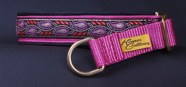 1 Inch Collar Gold and Pink Leaves on Dk. Pink Web with Black Leather and Brass Hardware Keeper Collars