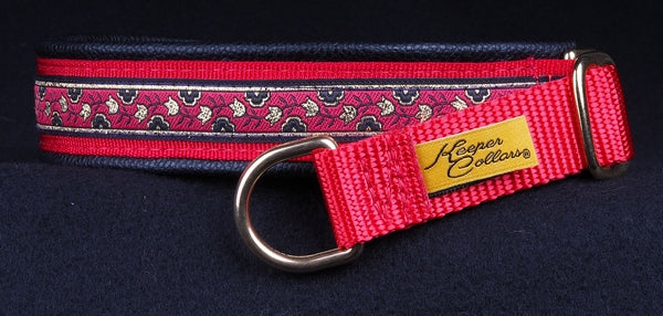1 Inch Collar Gold and Red Tulips on Red Web with Black Leather and Brass Hardware Keeper Collars