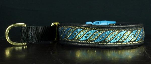 1 Inch Collar Gold and Teal Fern on Black Web with Black Leather and Brass Hardware