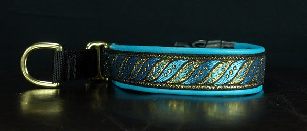 1 Inch Collar Gold and Teal Fern on Black Web with Teal Leather and Brass Hardware