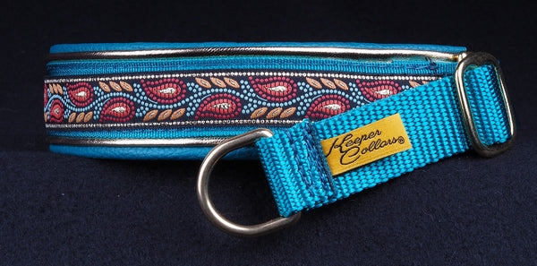 1 Inch Webbing Double Leather Collar Gold and Flame Leaves on Teal