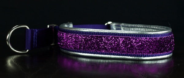 1 Inch Collar Purple Sparkle on Purple Web with Silver Leather and Chrome Hardware