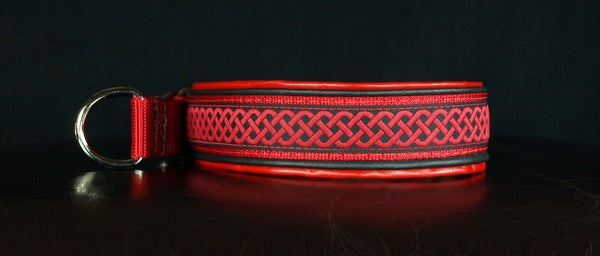 1 Inch Double Leather Collar Red Celtic Knot on Red Web with Black and Red Leather and Chrome Hardware