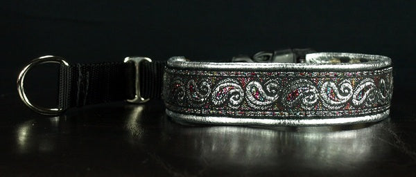 1 Inch Collar Silver Paisley with Colors on Black Web with Silver Leather and Chrome Hardware