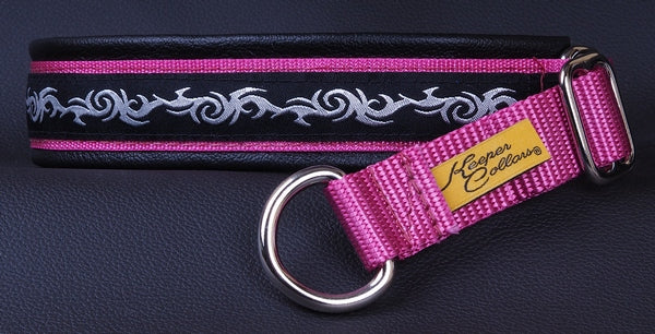 1 Inch Collar Silver Tribal on Dk. Pink Web with Black Leather and Chrome Hardware