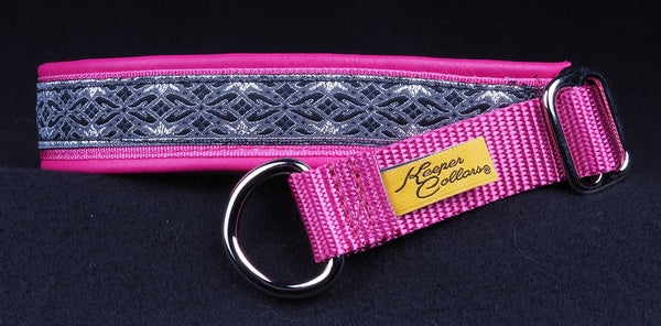 1 Inch Collar Silver and Gray Diamonds on Dk. Pink Web with Dk. Pink Leather and Chrome Hardware