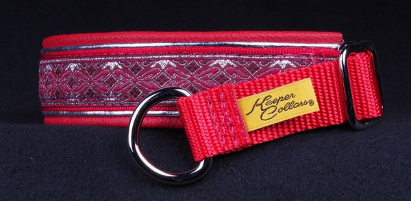 1 Inch Double Leather Collar Silver and Red Diamonds on Red Web with Metallic Silver and Red Leather and Chrome Hardware