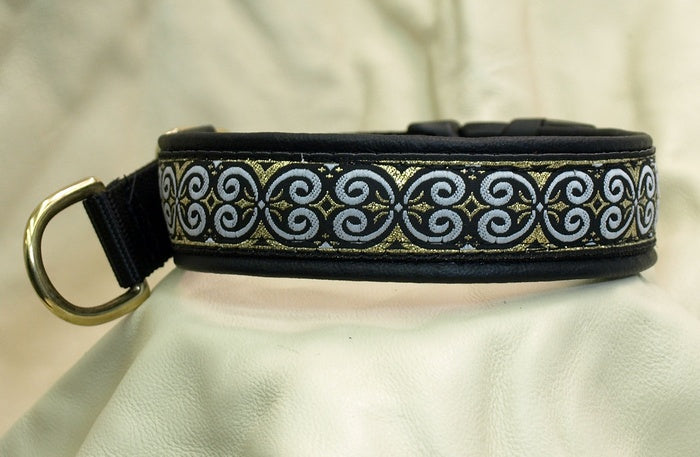 1 Inch Collar Gold Scroll on Black Web with Black Leather and Brass Hardware Keeper Collars