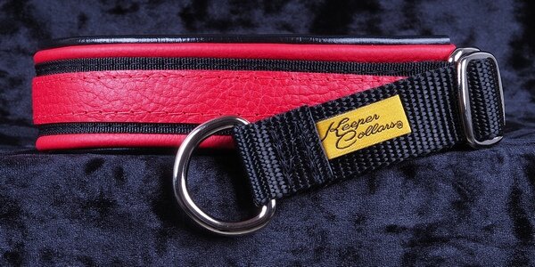1 Inch Triple-Dog-Dare-Ya Collar Red Leather on Black Web with Red and Black Leather and Chrome Hardware