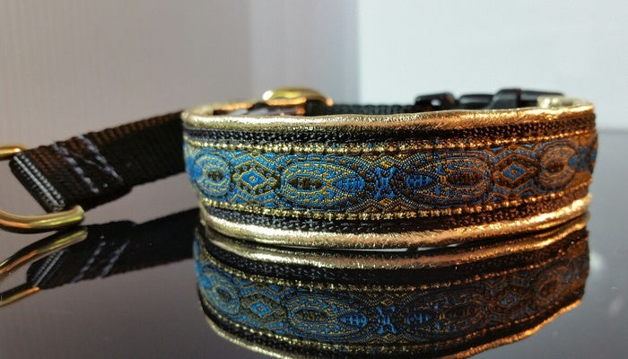 3/4 Inch Collar Blue Konta on Black Web with Gold Leather and Brass Hardware