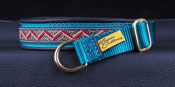 1 Inch Collar Gold, Tan and Burgundy Rickrack on Teal Web with Black Leather and Brass Hardware Keeper Collars