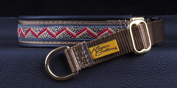 1 Inch Collar Gold, Tan and Burgundy Rickrack on Coyote Web with Black Leather and Brass Hardware Keeper Collars