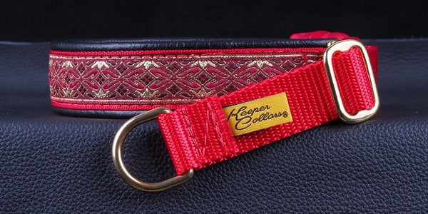 1 Inch Collar Gold and Burgundy Diamonds on Red Web with Black Leather and Brass Hardware Keeper Collars