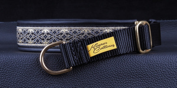 1 Inch Collar Gold and Black Diamonds on Black Web with Black Leather and Brass Hardware Keeper Collars