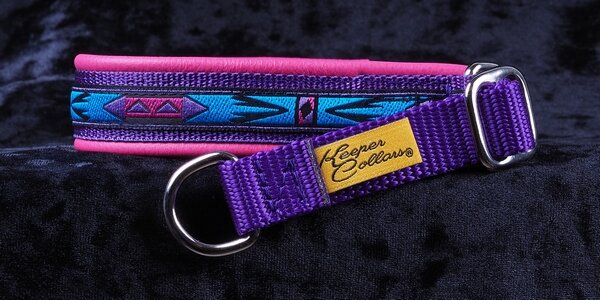 3/4 Inch Collar Teal and Purple Arizona on Purple Web with Pink Leather and Chrome Hardware