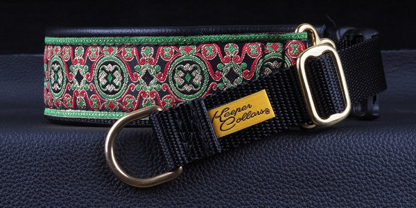 1 1/2 Inch Collar Gold, Black, and Green China Infusion on Black Web with Black Leather and Brass Hardware Keeper Collars