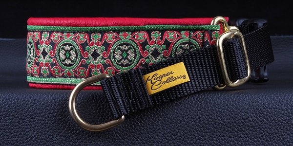 1 1/2 Inch Collar Gold, Black, and Green China Infusion on Black Web with Red Leather and Brass Hardware Keeper Collars