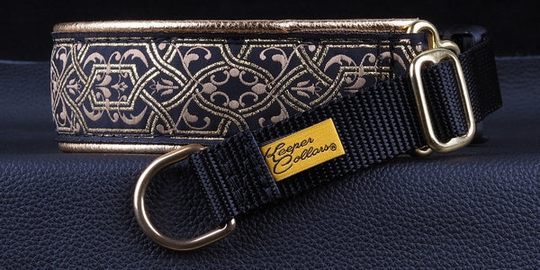 1 1/2 Inch Collar Gold and Tan Filigree on Black Web with Metallic Gold Leather and Brass Hardware Keeper Collars