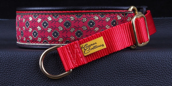 1 1/2 Inch Collar Gold and Red Tulips on Red Web with Black Leather and Brass Hardware Keeper Collars