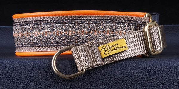 1 1/2 Inch Collar Tan, Copper and Orange Genie on Coyote Web with Orange Leather and Brass Hardware Keeper Collars