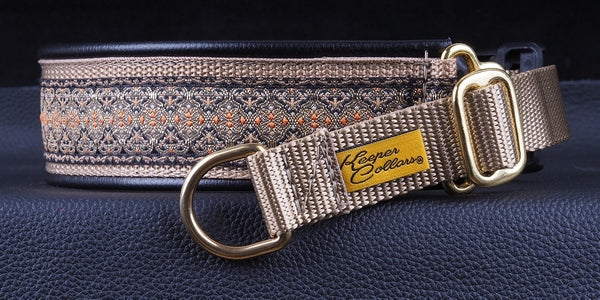 1 1/2 Inch Collar Tan, Copper and Orange Genie on Coyote Web with Black Leather and Brass Hardware Keeper Collars