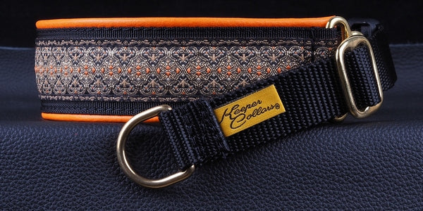 1 1/2 Inch Collar Tan, Copper and Orange Genie on Black Web with Orange Leather and Brass Hardware Keeper Collars