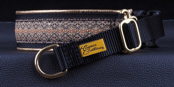 1 1/2 Inch Collar Tan, Copper and Orange Genie on Black Web with Metallic Gold Leather and Brass Hardware Keeper Collars