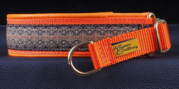 1 1/2 Inch Collar Tan, Copper and Orange Genie on Orange Web with Orange Leather and Brass Hardware Keeper Collars