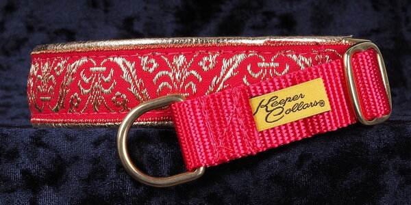 1 1/2 Inch Collar Gold and Red Baroque on Red Web with Metallic Gold Leather and Brass Hardware