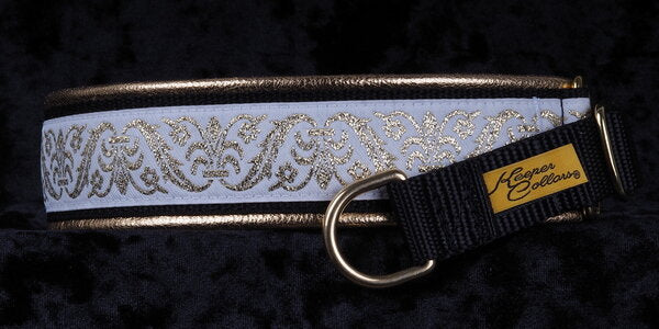 1 1/2 Inch Collar Gold Baroque on White on Black Web with Metallic Gold Leather and Brass Hardware Keeper Collars