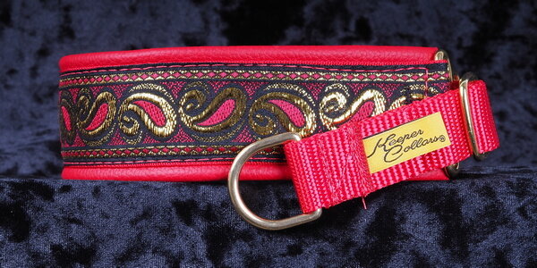 1 1/2 Inch Collar Gold and Red Paisley on Red Web with Red Leather and Brass Hardware Keeper Collars