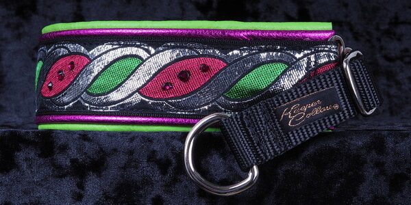 1 1/2 Inch Double Leather Swarovski Crystal Collar Silver, Green and Wine Rope on Black Web with Metallic Raspberry and Lime Leather and Chrome Hardware