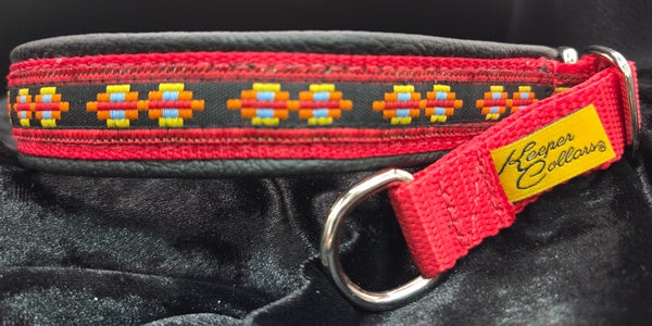 End Run 14", 3/4" Wide Red Web, Southwest Ribbon, Black Leather, Medium Prong, Chrome Hardware  (we no longer make 3/4" collars larger then a 13" and  last of the ribbon)