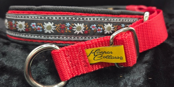 End Runs, 17", 1" Wide Red Web, Edelweiss Ribbon, Black Leather, Medium Prong, Chrome Hardware